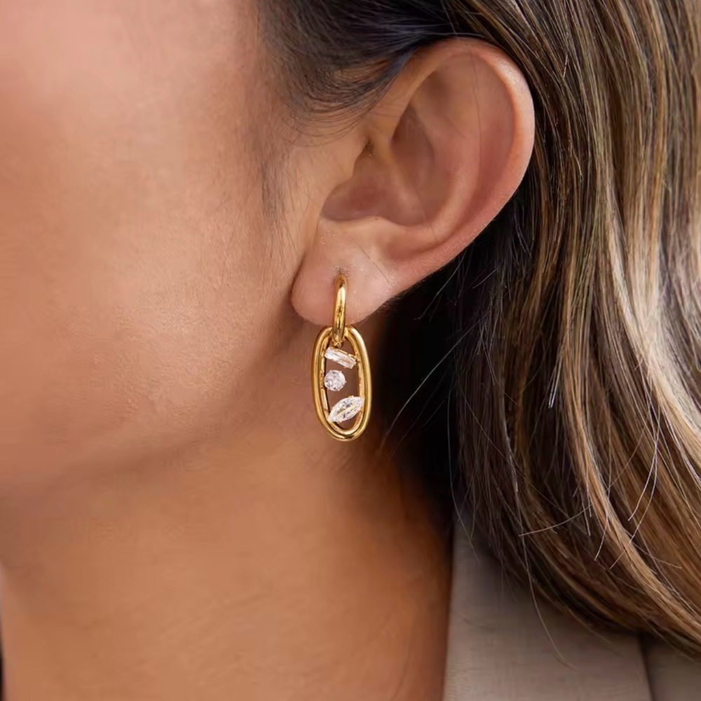 18K Gold Plated Oval Earrings With Floating Marquise Crystals Modern Minimalist